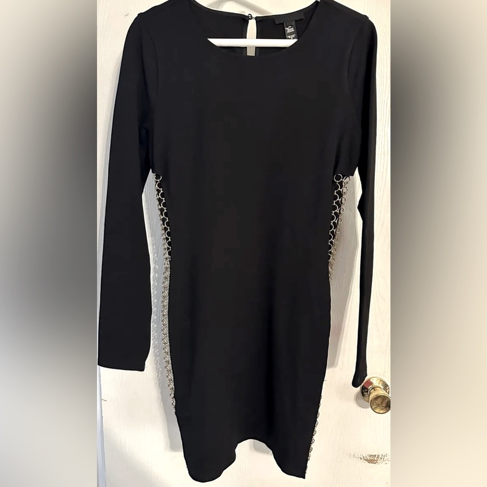 h:ours Long Sleeve Mini Dress‎ Black Bodycon Chain Side Cutout Edgy Clubwear L